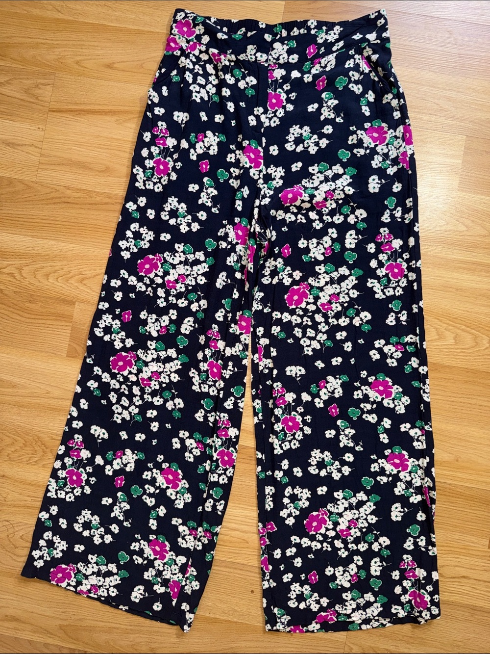 Anthropologie Selected Femme Navy Floral Wide-Leg Pants Relaxed Fit Size 36 L